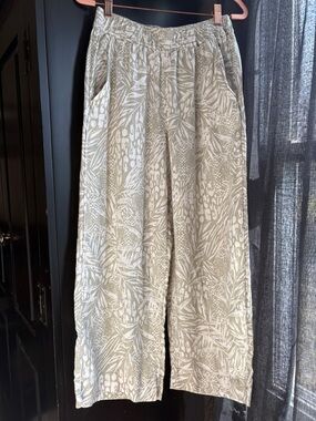 Christian Siriano Sage Green Linen Crop Wide Leg Pants Size Small Tropical Print